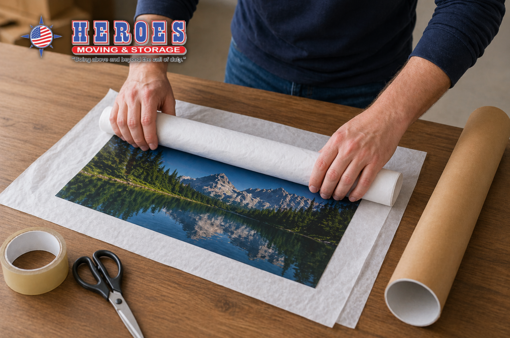 Person packing a poster for a move by rolling it in packing paper on a table with tape, scissors, and a tube.