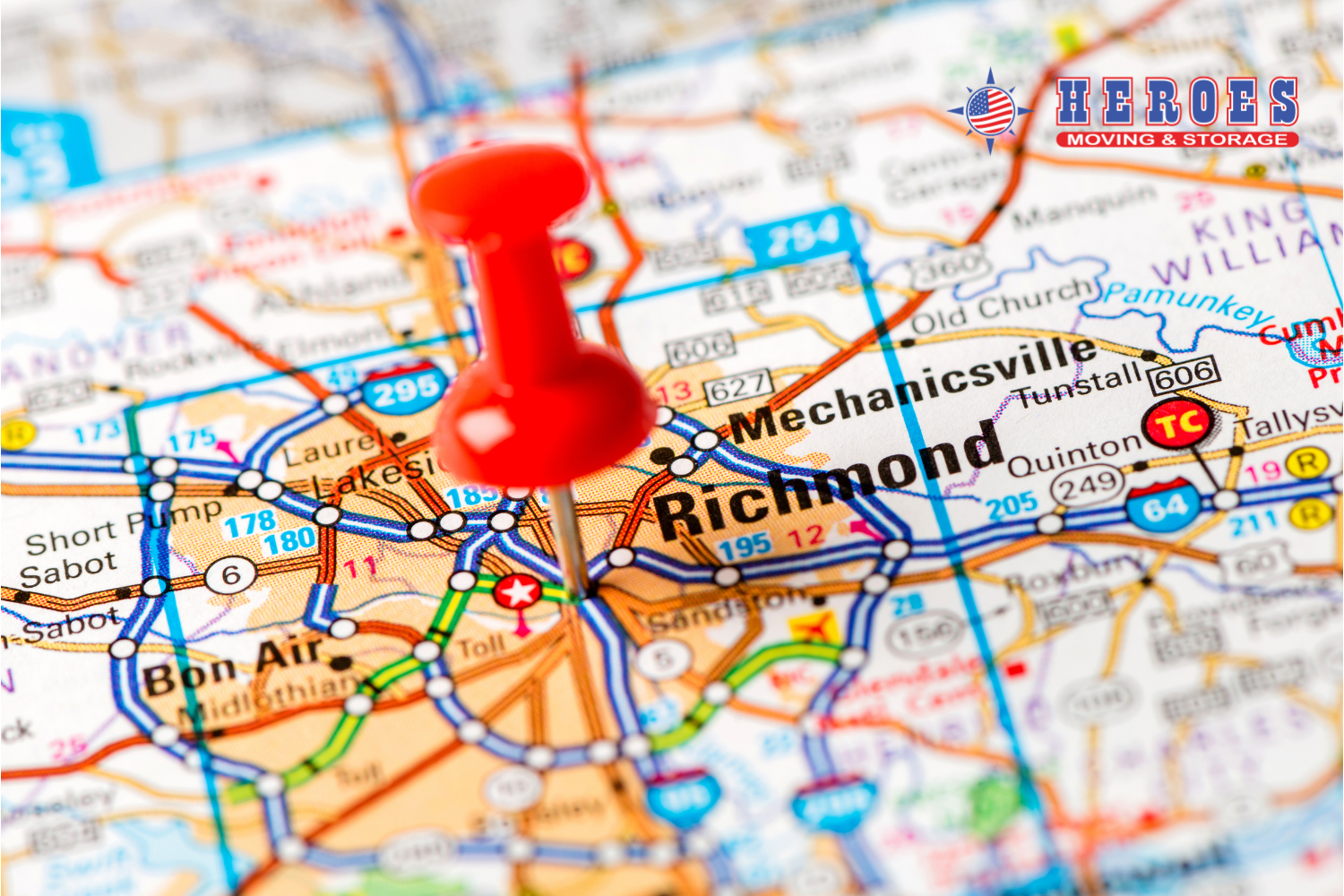 A section of a map showing the state of Virginia, with a red tack stuck in the center of Richmond, VA. This indicates that this blog discusses the best areas to live in Richmond.