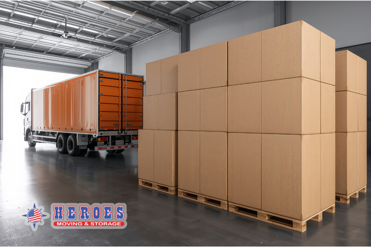 Pallets of sealed moving boxes prepared for commercial storage and transport in a warehouse. The Heroes Moving & Storage logo is in the bottom left corner.