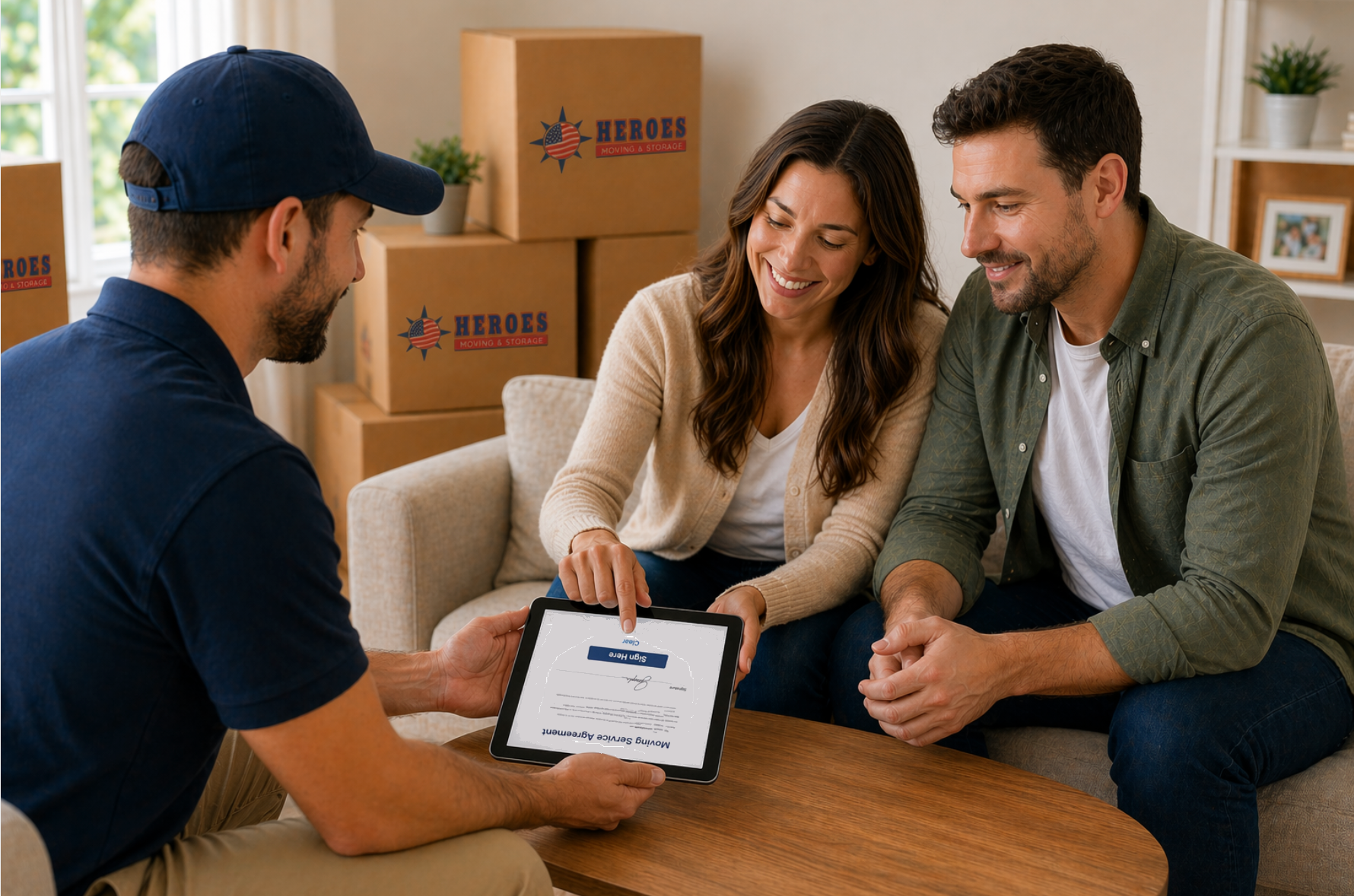 Couple signing a moving service agreement on a tablet during an in-home moving consultation with a representative.