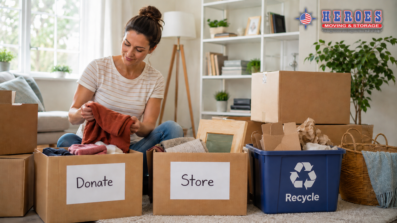A woman sitting on the floor and sifting through her belongings, deciding if she needs to donate, store, or recycle them.