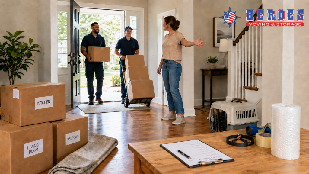 A woman welcoming two movers into her house.