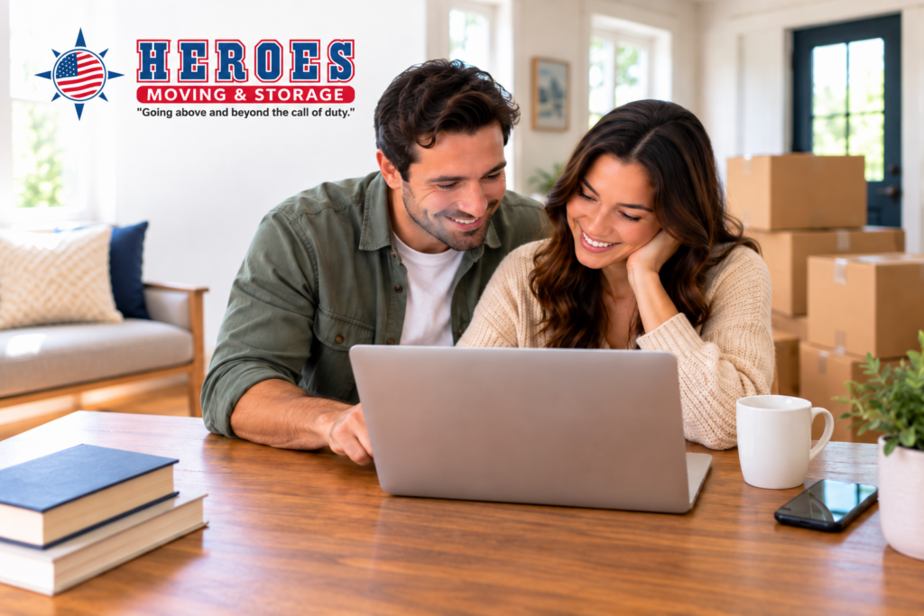 A couple reviews their moving plans on a laptop beside packed boxes. The Heroes Moving & Storage logo is on the upper left.