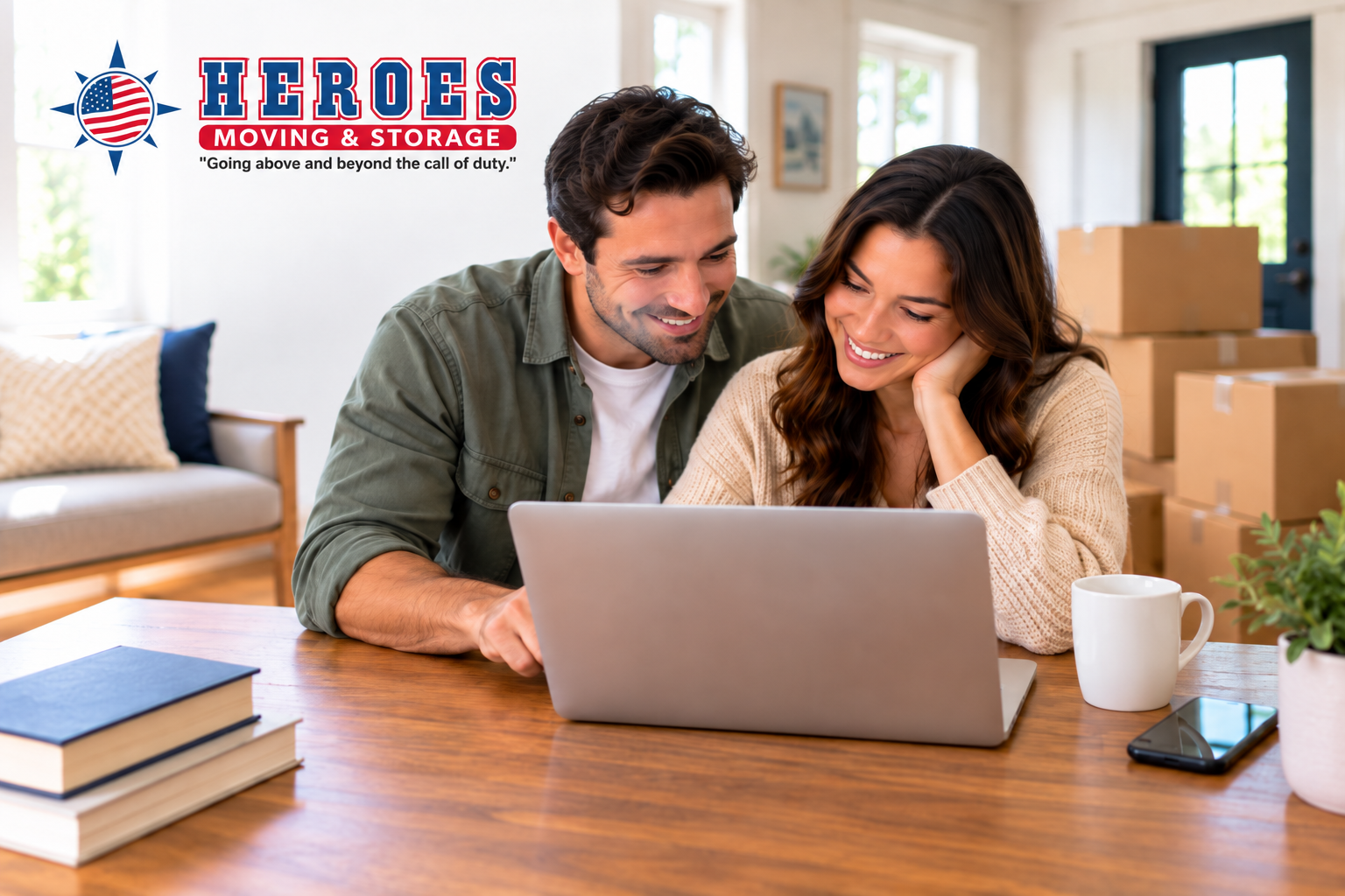A couple reviews their moving plans on a laptop beside packed boxes. The Heroes Moving & Storage logo is on the upper left.